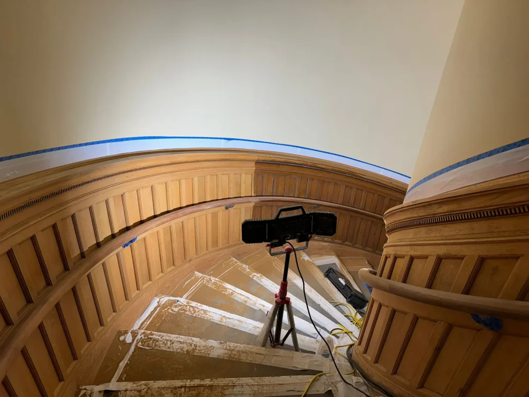 1000W 15mJ Laser Cleaning on a Spiral Wooden Staircase